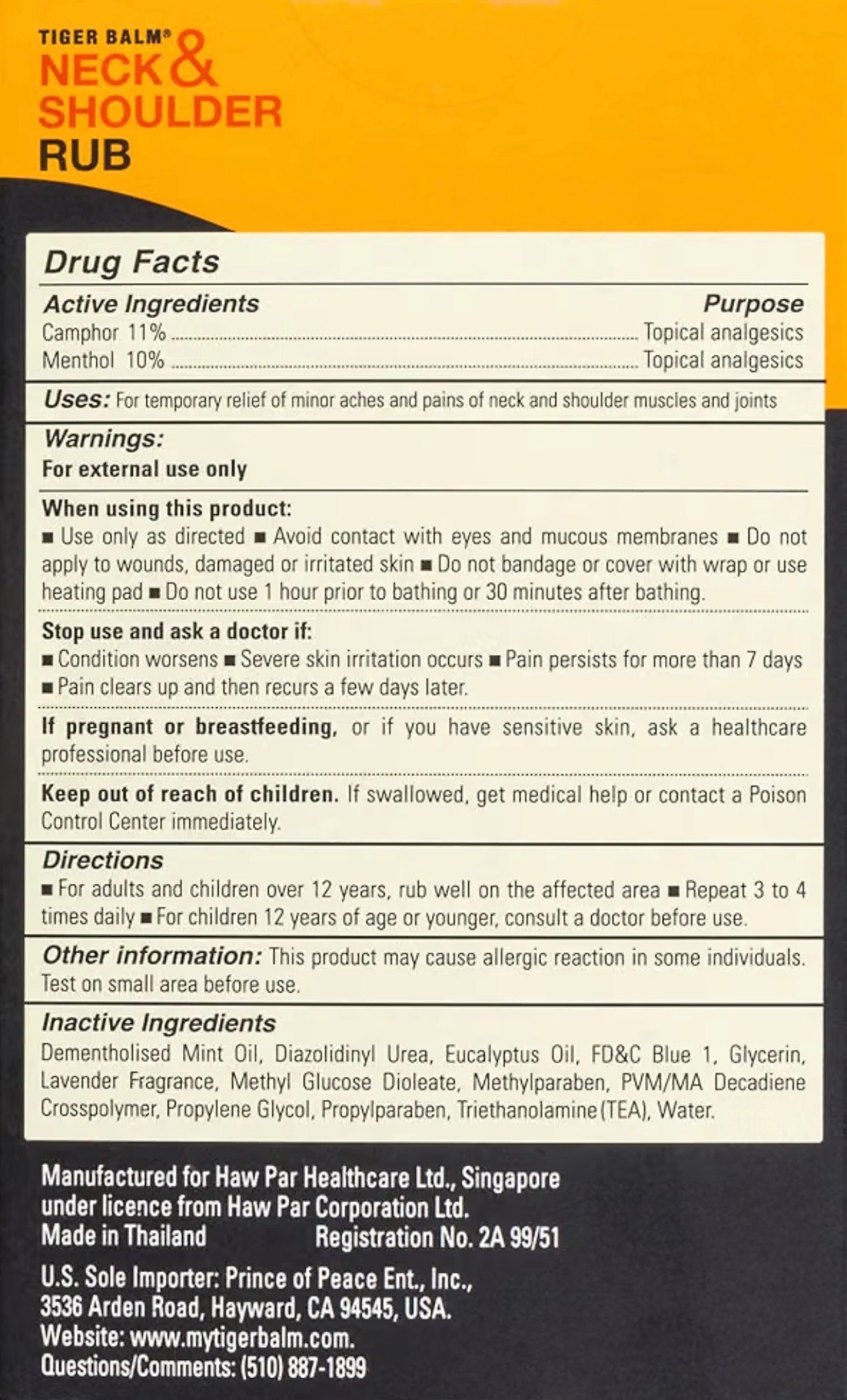 Tiger Balm Drug Facts e Ingredientes